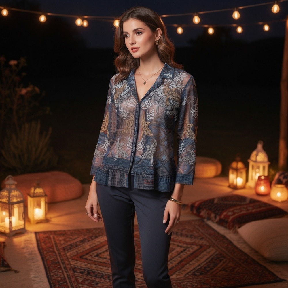 Biya Johnny Was Mesh Embroidered Bird Floral Button Down Top Blue Brown Small